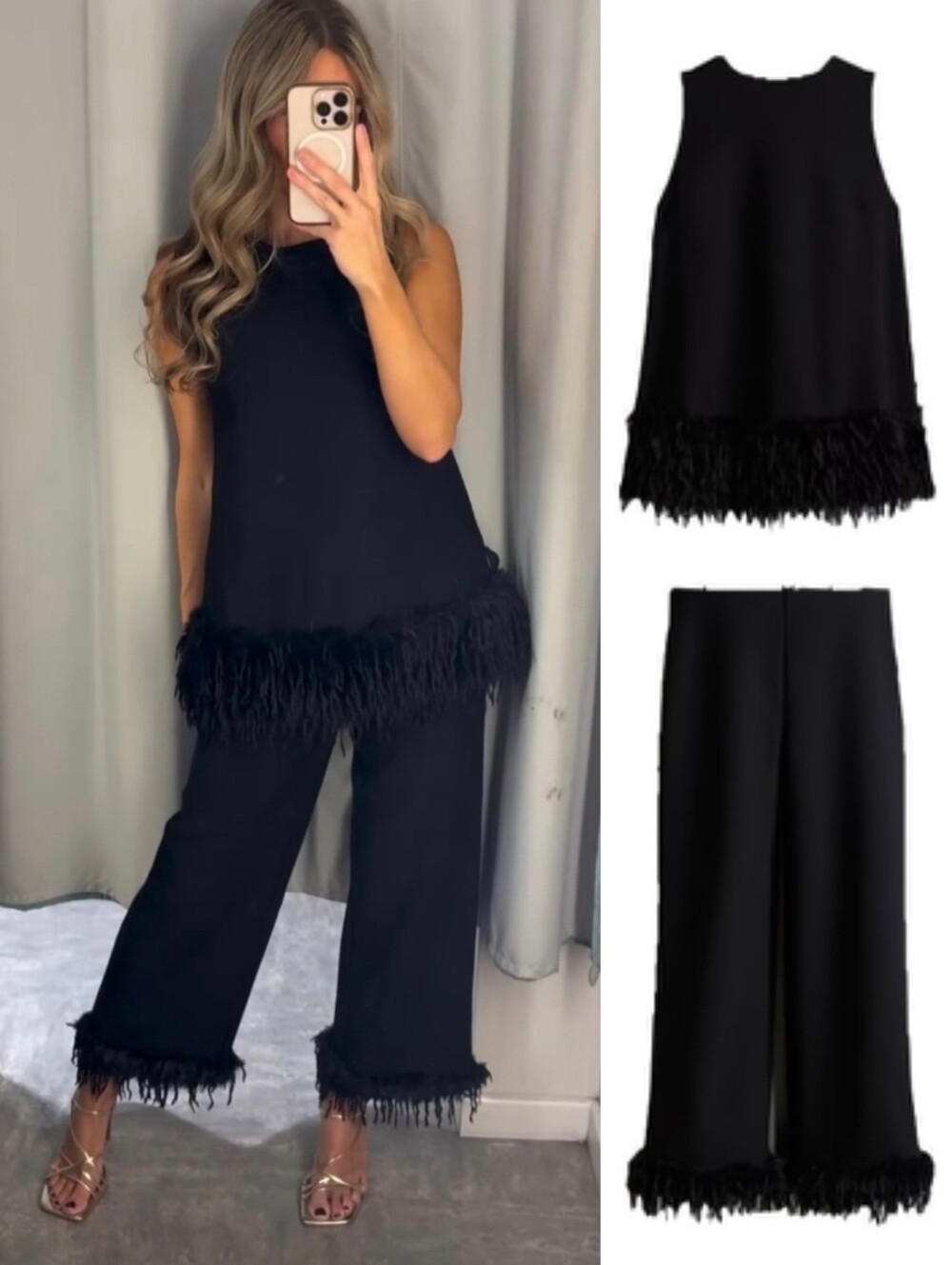 H&M Set 2pc Fringe Feather Top and Pants Black Size XS